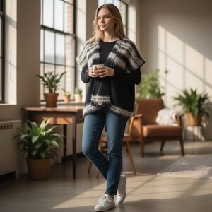 Stylish Black and White Striped Poncho